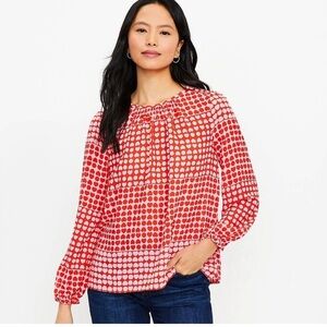 NWT, Loft Heart Print Ruffle Cuff Long Sleeve Blouse in Red & Pink Print, Size L